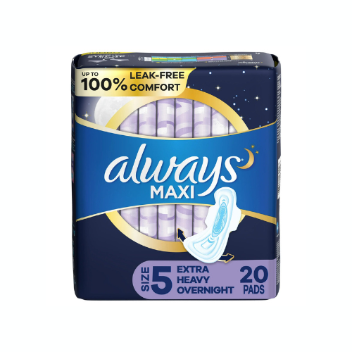 Always Maxi Pads Size 5 Extra Heavy Overnight, Unscented with Wings, 20 CT – Case Pack of 6