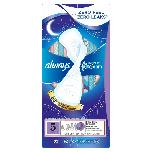 Always Infinity Size 5 Extra Heavy Overnight, Unscented with Wings, 22 CT – Case Pack of 6