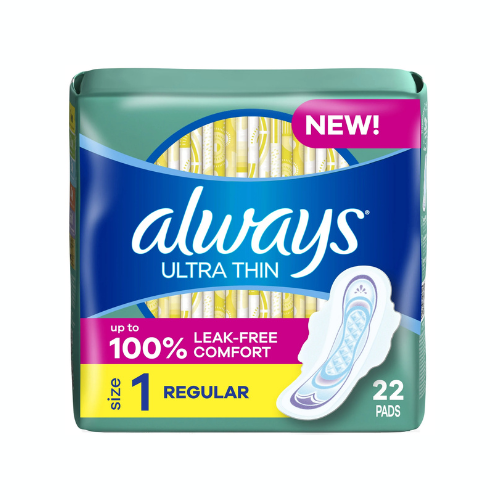 Always Ultra Thin Pads with Wings, Size 1 Regular, 22 CT – Case Pack of 12