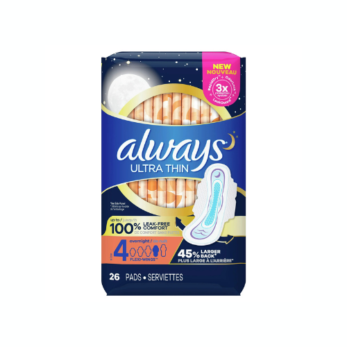 Always Ultra Thin Overnight Pads, Size 4, Unscented, 26 CT – Case Pack of 6
