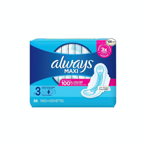 Always Maxi Daytime Pads with Wings, Size 3 Extra Long, Unscented, 26 CT – Case Pack of 6