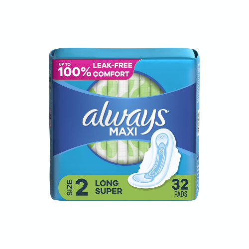 Always Maxi Feminine Pads with Wings, Size 2, Long Super Absorbency, Unscented, 32 CT – Case Pack of 6