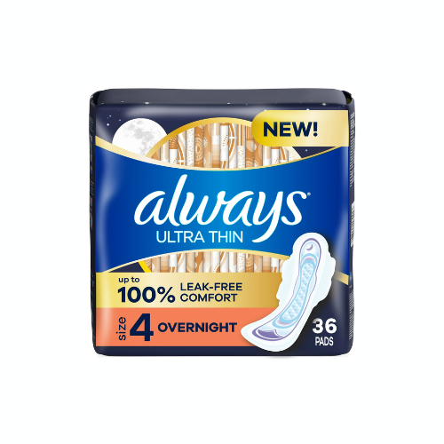 Always Ultra Thin Overnight Pads, Size 4, Unscented, 36 CT – Case Pack of 6