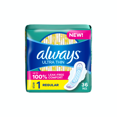 Always Ultra Thin Feminine Pads with Wings, Size 1, Unscented, 36 CT – Case Pack of 6