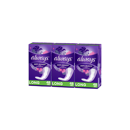 Always Anti-Bunch Xtra Protection Daily Liners, Long Length, Unscented – 48ct (Pack of 3)