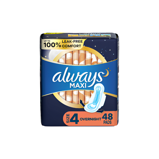 Always Maxi Overnight Pads with Wings, Size 4, Unscented – 48ct (Pack of 6)