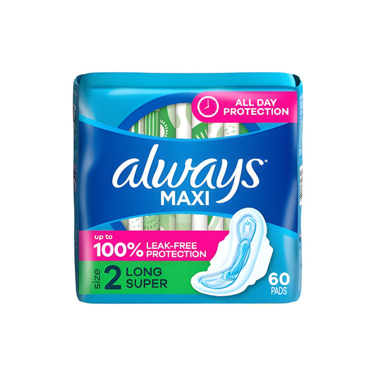 Always Maxi Feminine Pads with Wings, Size 2, Unscented – 60ct (Pack of 3)