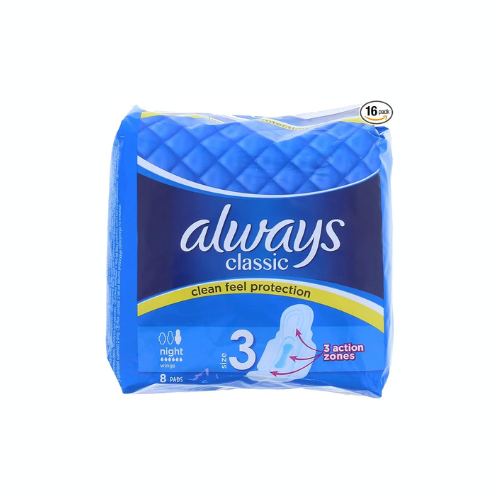 Always Classic Night Pads, Size 3, Unscented, 8 CT – Case Pack of 18