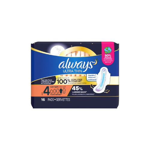 ALWAYS ULTRA THIN OVERNIGHT PADS WITH WINGS, SIZE 4,16 CT CASE PK 12