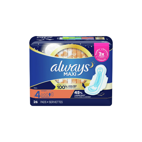 ALWAYS MAXI SIZE 4 OVERNIGHT PADS W/WINGS 26 COUNT CASE PACK 6