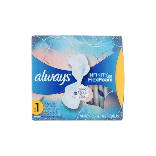 Always Infinity Feminine Pads, Size 1 Regular, with wings,18 ct CASE PK 12